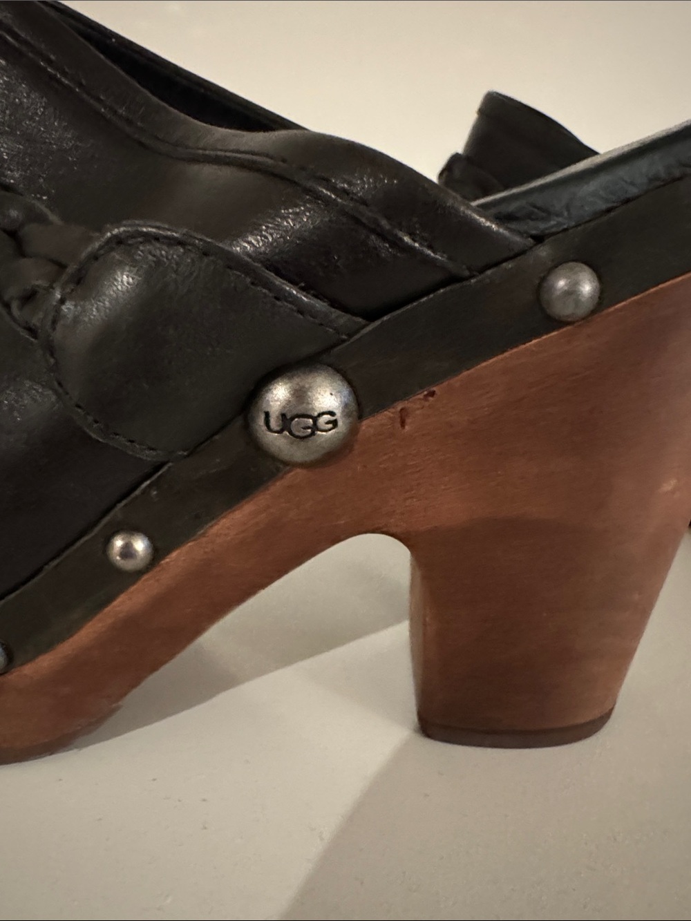 UGG Black Leather Braided Clog Mules with Wooden Heel - Picture 5 of 6